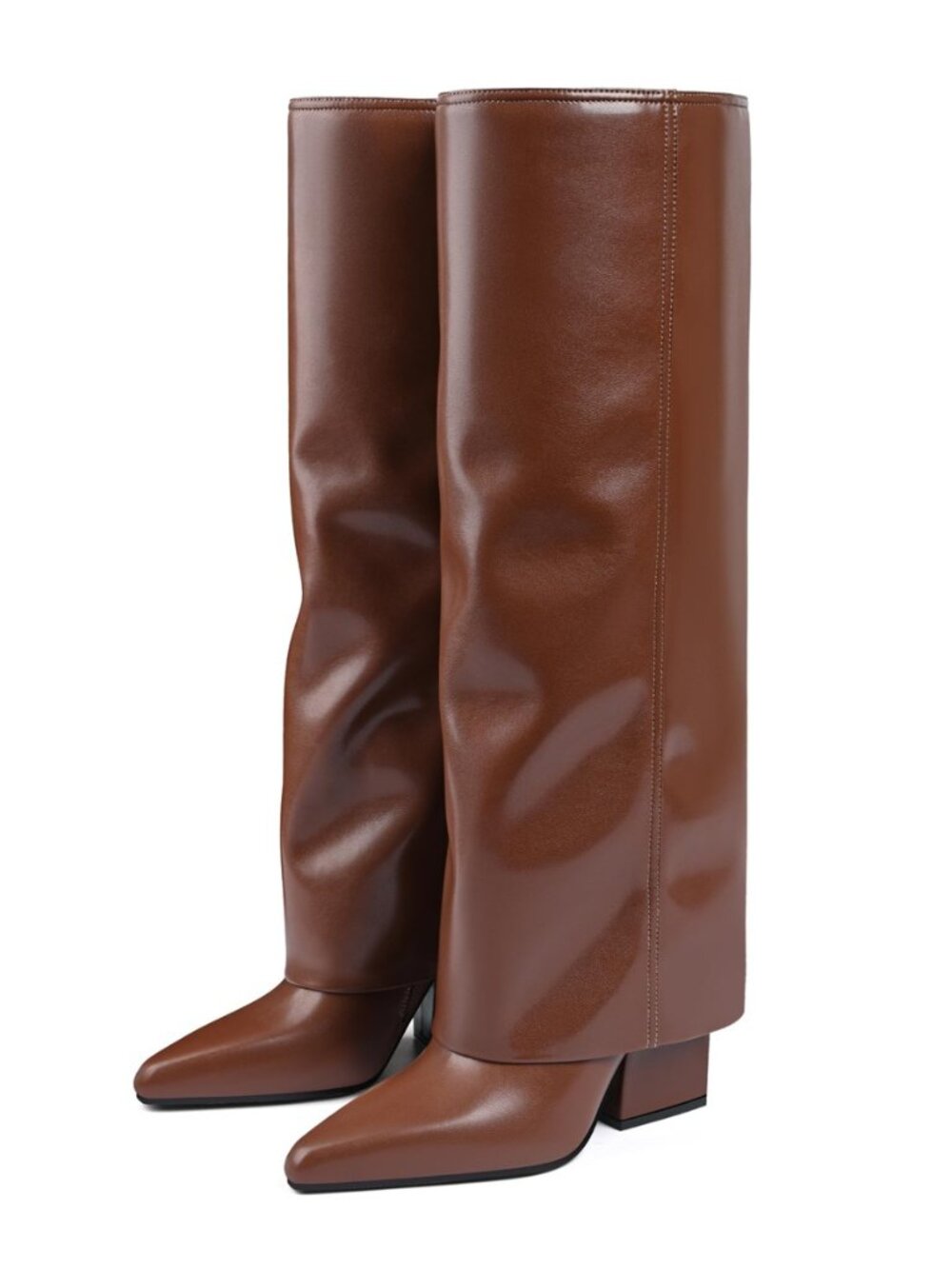 Women Knee High Fold Over Pointed Toe Shark Tall Boots Dressy